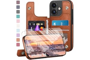 DJDUCK Compatible with iPhone 16 Case Wallet, Card Holder Case with [2 Screen Protectors] Folio Cover with [RFID Blocking Leather] Shockproof Women Men Cases 6.1" for Apple 16 Light Brown