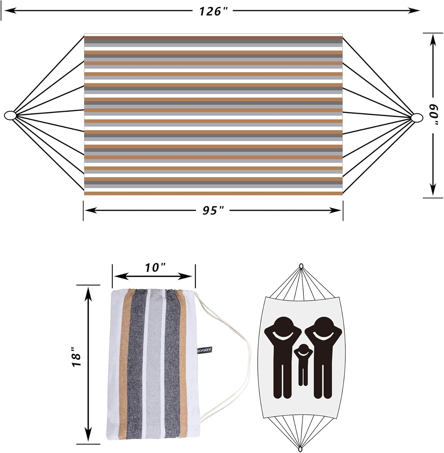 ROOITY Double Hammock Brazilian Hammocks with Portable Carrying Bag,Soft Woven Fabric, Up to 450 Lbs Hanging for Patio,Trees,Garden,Backyard,Porch,Outdoor and Indoor XXX-Large Brown&Grey Stripe: Sports & Outdoors
