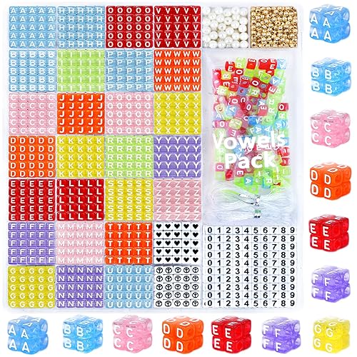 DoDoBeads Letter Beads Kit - 1270pcs Acrylic 6x6mm Square Alphabet A-Z with Spacer Beads, Extra Vowels & Numbers - Ideal for Bracelets & Necklaces