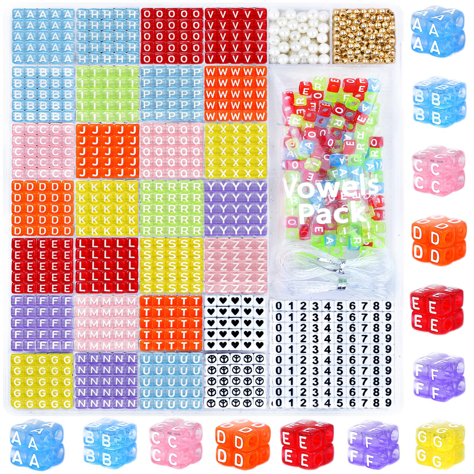 DoDoBeads Letter Beads Kit - 1270pcs Acrylic 6x6mm Square Alphabet A-Z with Spacer Beads, Extra Vowels & Numbers - Ideal for Bracelets & Necklaces