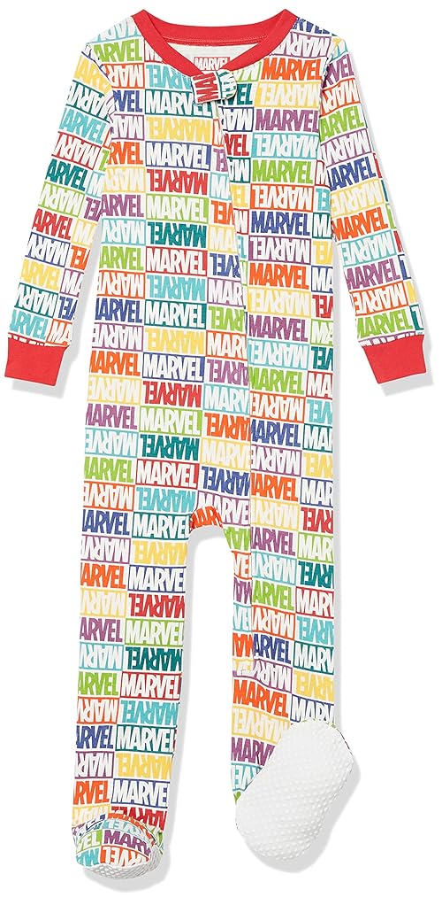 Amazon Essentials Disney | Marvel | Star Wars Unisex Babies' Snug-Fit Cotton Footed Pyjamas, Marvel Holiday Bricks - Sleep & Play, 3-6 Months