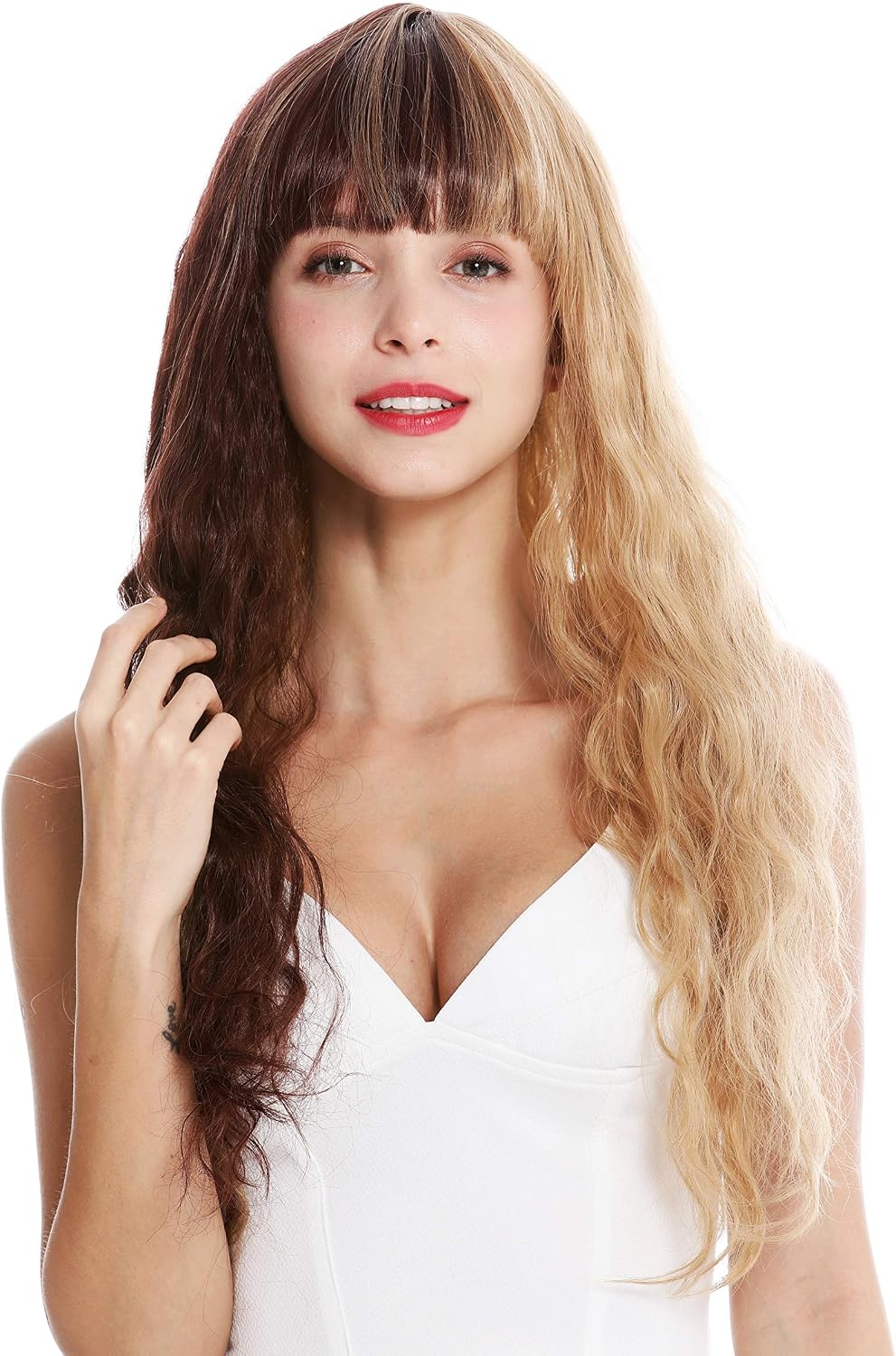 WIG ME UP, GFW2644 women's quality wig long fringe wavy blonde brown half half highlights emo goth