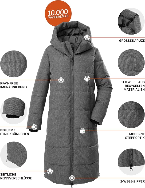 Donna Cappotto trapuntato/funzionale in piuma d'oca con cappuccio GW 17 WMN QLTD CT, dunkelanthra, 42, 43345-000
