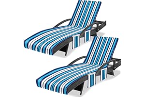 Ruikyhom Lounge Chair Towel Cover (Pack of 2), Striped Chaise Lounge Cover, Beach Chair Covers with 3 Pockets for Pool Beach Garden Courtyard Outdoor Trips, 85 x30 in, White and Blue