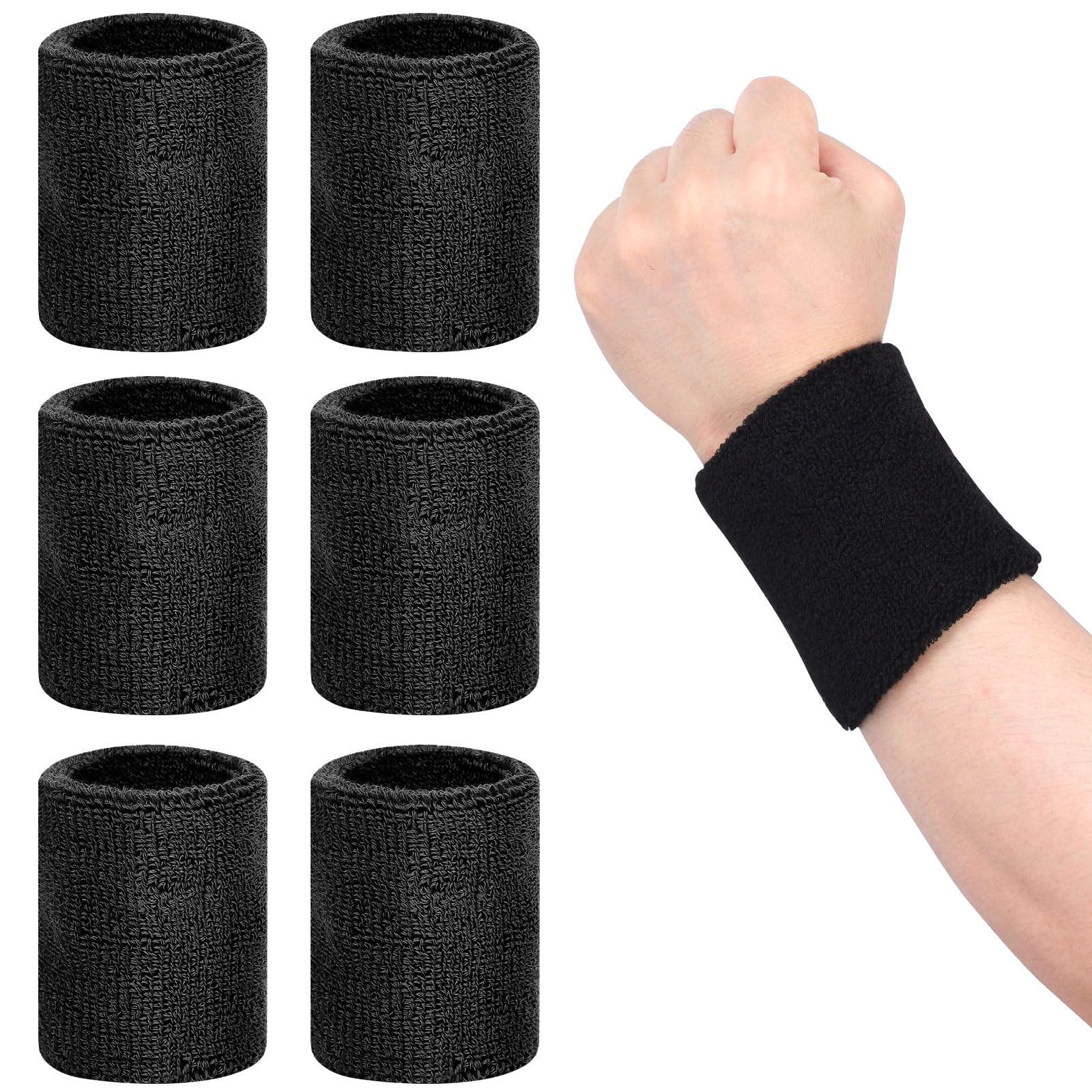 6 PCS Sweat Bands Wristbands, Unisex Super Absorbent Sweatband Elastic Sport Wrist Sweat Bands, Reusable Wristbands for Exercise, Tennis, Running, Basketball (6PCS-Black)