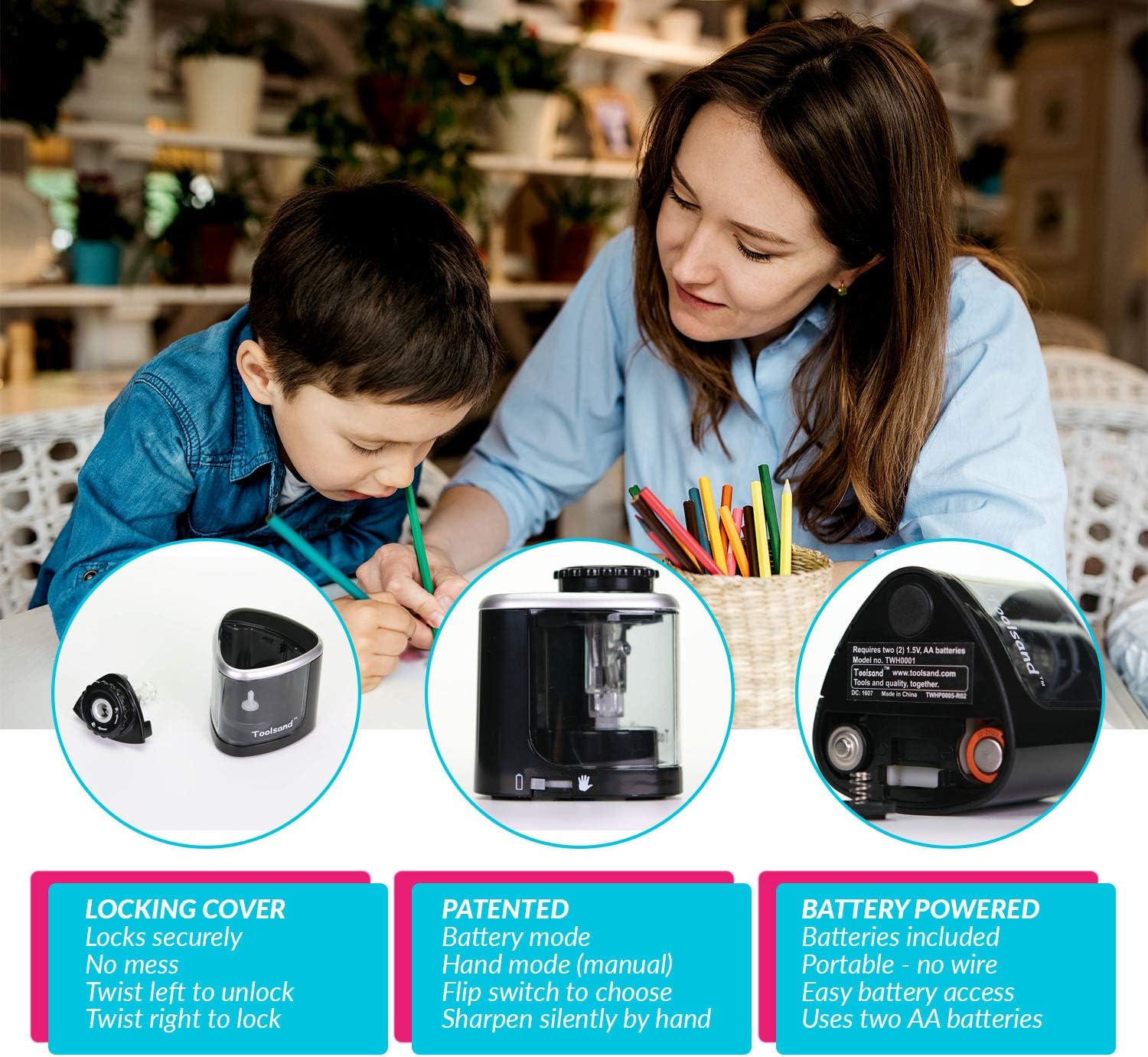 Electric Pencil Sharpener, Battery-Powered, Batteries Included, High-Speed Automatic, best for Colored, No. 2 Wood Graphite Pencils, Home Office School Classroom Adults Kids, Straight Blade (Black) : Office Products