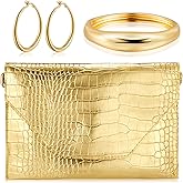 Dansydaisy 3 Pcs Gold Envelope Clutch Purse for Women Gold Jewelry Set for Women Formal Leather Handbag Evening Bag Golden Bangle Bracelet Hoop Earrings for Formal Wedding Christmas Party Prom Gift