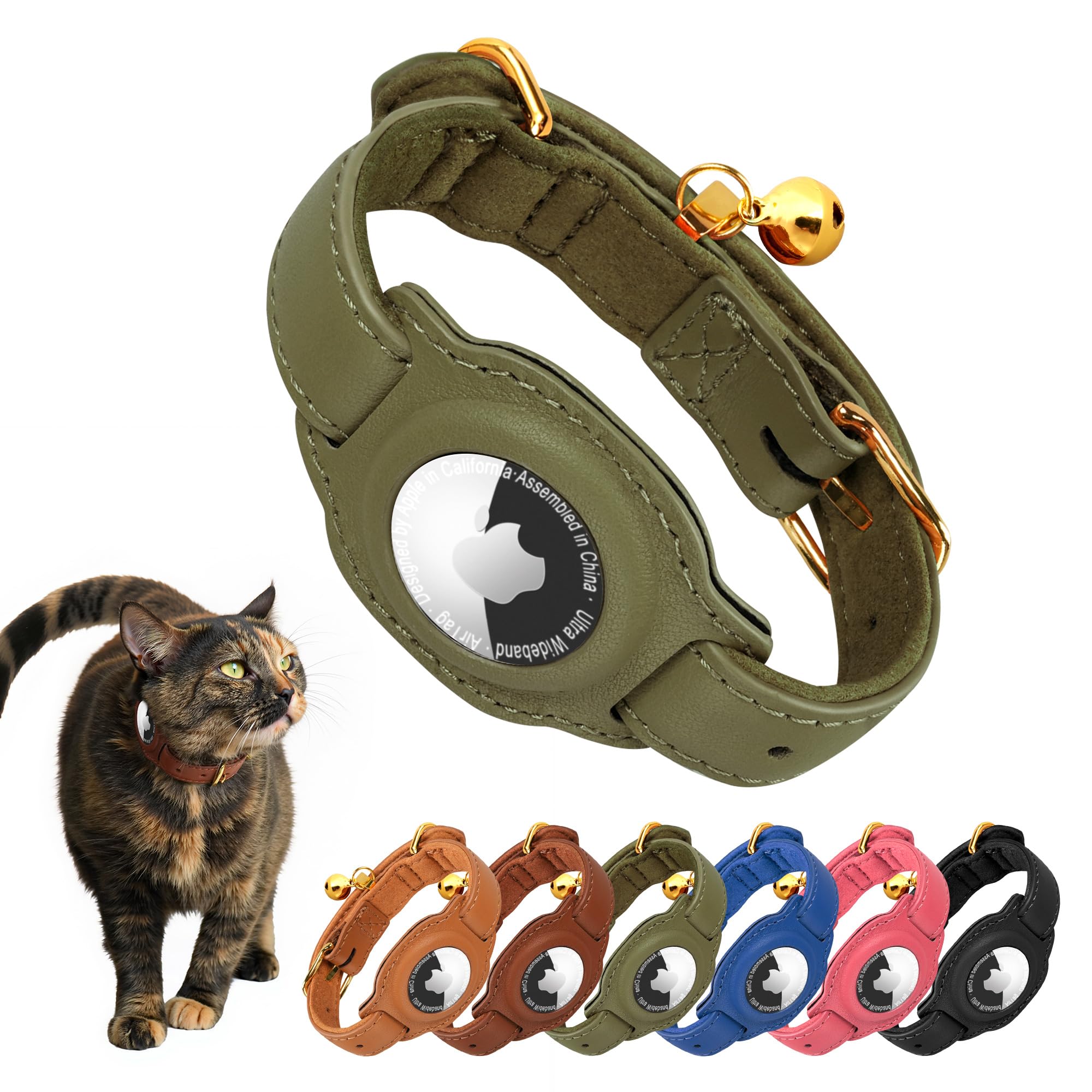 Photo 1 of Jowlroel AirTag Cat Collar with Bell & Fabric Liner - Pet Collar Leather Cat Collar - Non Breakaway Leather Kitten Collar with AirTag Holder - GPS Cat Collars for Boy Cats, Girl Cats (Olive Green)