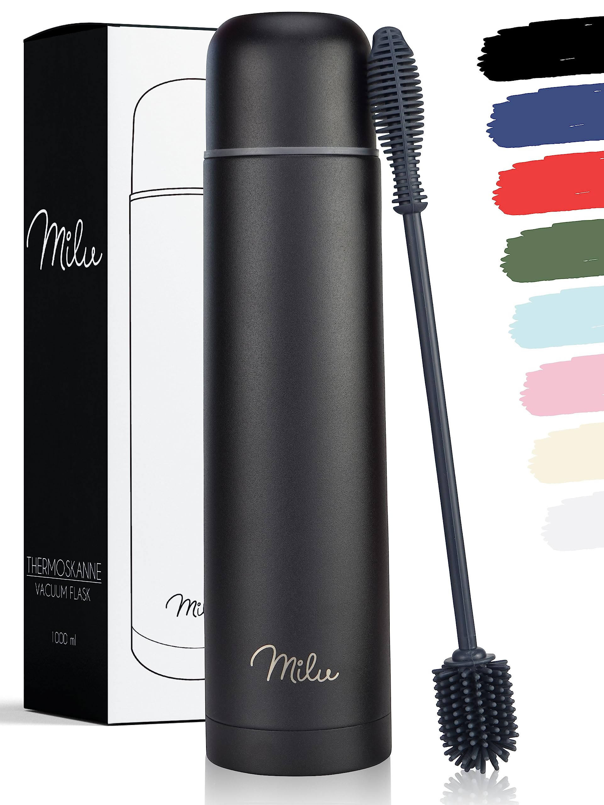 Milu Vacuum Insulated Flask 1L, 750ml, 500ml - Thermo Water Drinking Bottle with Cup for Hot & Cold Drink - Stainless Steel, 100% Leak-Proof (Black, 750ml)