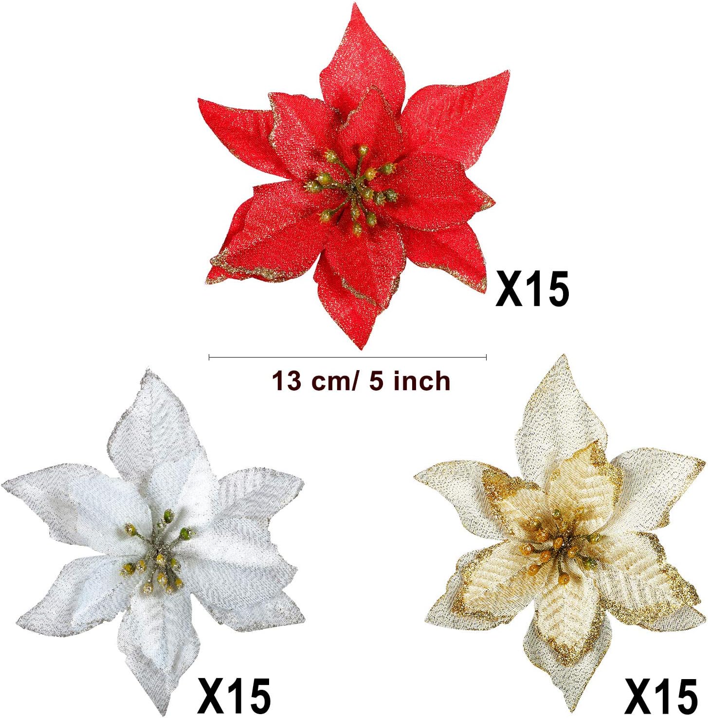 WILLBOND 45 Pieces Christmas Poinsettia Decorations Glitter Poinsettia Flowers Christmas Tree Flowers Red Gold White Silver for Xmas Tree Ornaments 5 Inch - Image 3