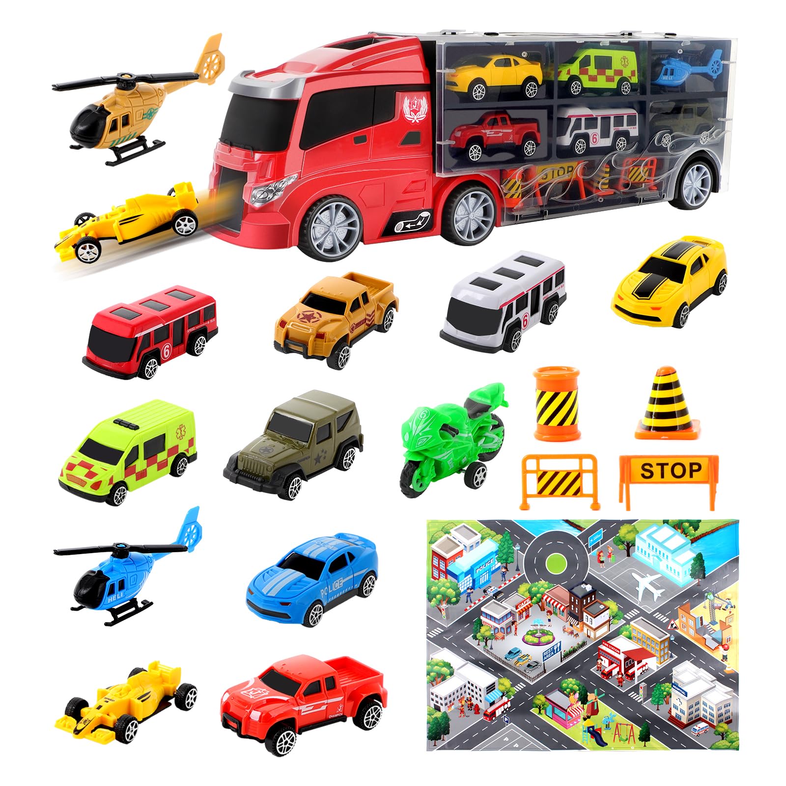 deAO Transporter Truck Carrycase for Cars Play Set Carrier Including a Total of 12 Assorted Vehicles, Accessories and Play Map