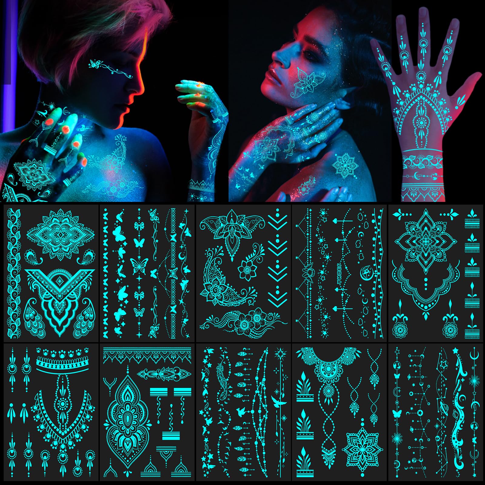 DPKOW Blue Luminous Temporary Tattoos Indian Lace Tattoo Stickers for Woman Girls Eid al-Fitr Wedding, 10 Sheets Glow in the Dark Mandala Flower Temporary Tattoos for Neon Hand Arm Body Face Art