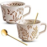 Caigmo Ceramic Mugs 11oz and 2 Spoons, Coffee Cup Set of 2, 3D Carved Cup, Modern Coffee Mugs For Tea Latte Cappuccino Cocoa, Housewarming Wedding Gifts, Microwave Dishwasher Safe