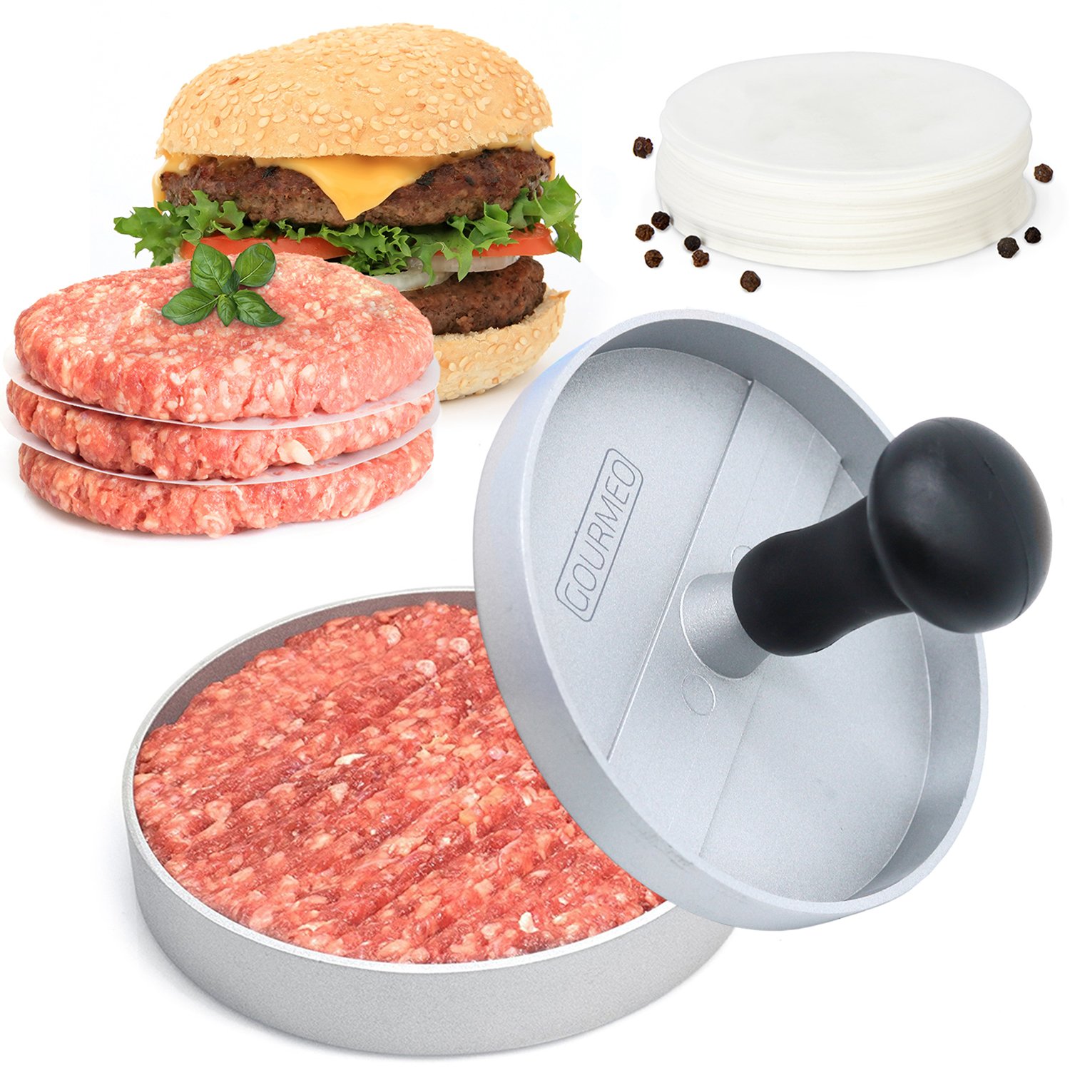 GOURMEO Burger Press + 30 FREE Wax Paper Discs, nonstick coated