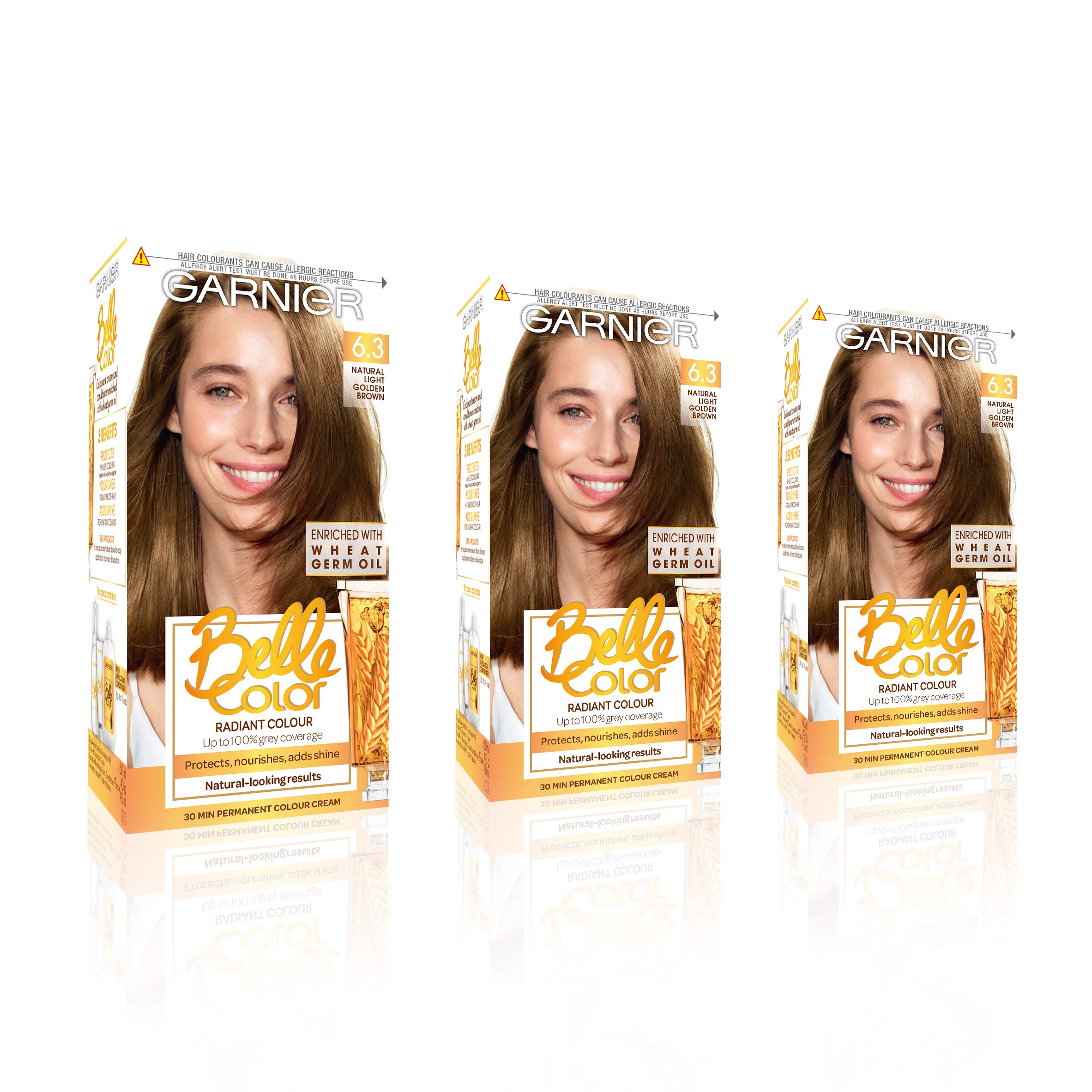 Garnier Belle Color Brown Hair Dye Permanent, Natural Looking Hair Colour, Up To 100% Grey Coverage - 6.3 Light Golden Brown Pack Of 3