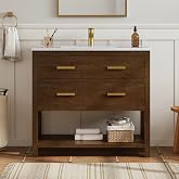 DELUXE LIVING 36 Inch Bathroom Vanity with Sink, Walnut | Farmhouse Storage Cabinet with 2 Fully Extendable Drawers &amp; Open Storage Shelf, Integral SMC Sink, Adjustable Feet