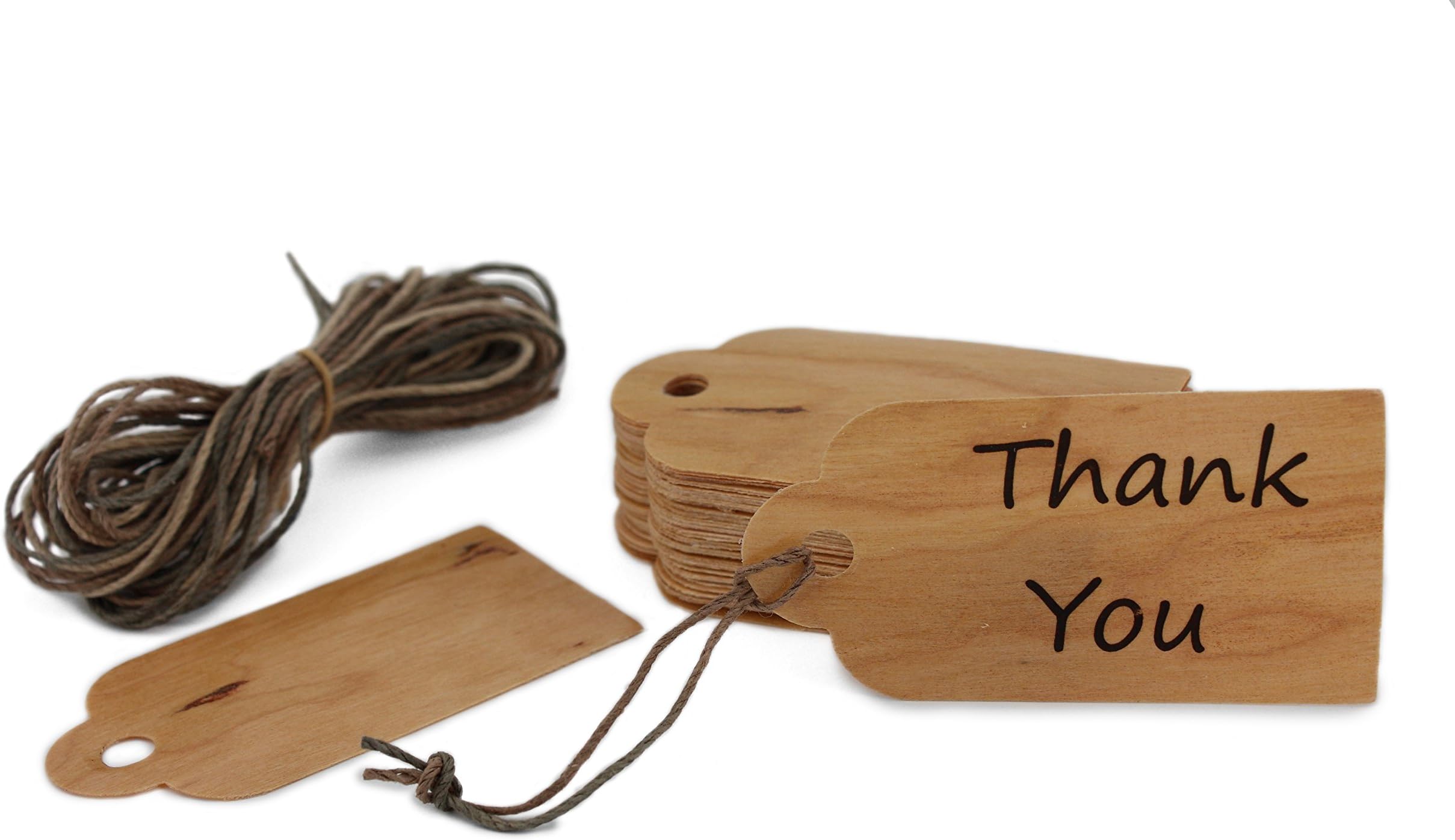 Cherry Wood Reuseable Scallop Top 50 Gift Tags w/ 30 Feet of Free Cut Multi-Color Cord, Blank Tags for Craft Projects Gifts. Dry Erase & Permanent Marker Erasable. Premium Gift Tags from VF Products