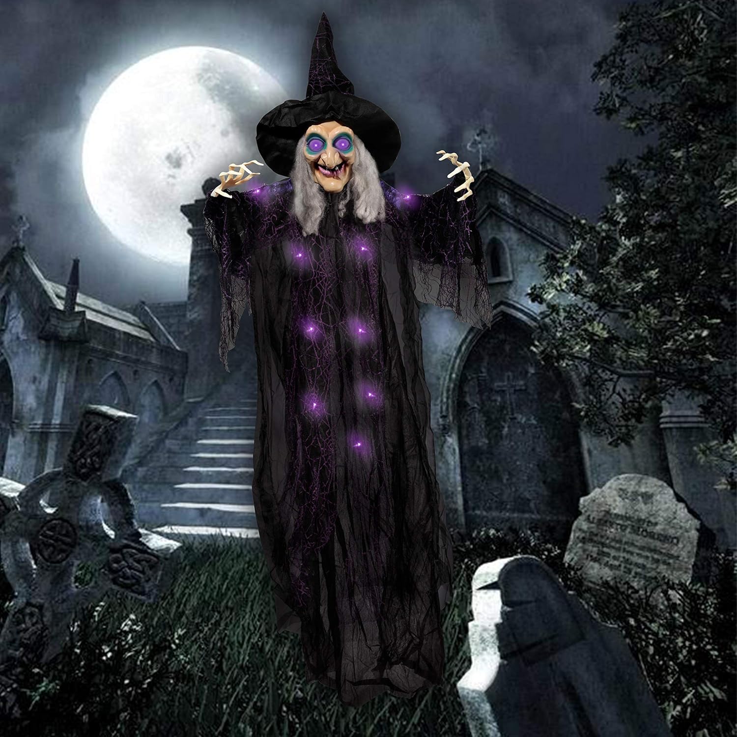 72” Hanging Animated Talking Witch Decoration (Green) with Light-up Eyes and sound activation function for Halloween Haunted House Prop Décor, Halloween Hanging Decorations, Outdoor/Indoor, Lawn Decor: Toys & Games