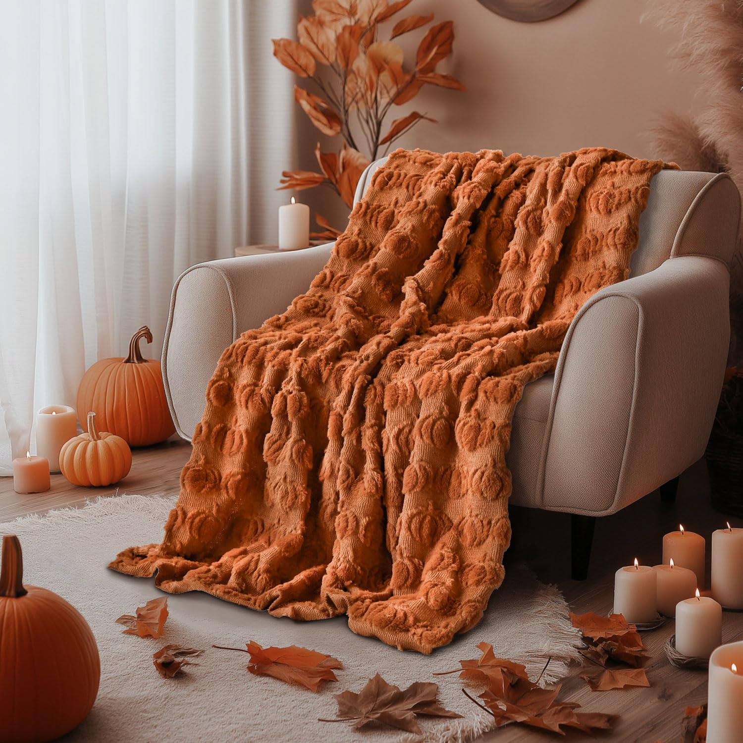 Photo 1 of Horaldaily Fall Blanket Throw, Rust Red Pumpkin Autumn Harvest Soft Fuzzy Plush Faux Fur Cozy Blankets for Couch Sofa Bed Lounging, Ideal Gifts for Kids Adults Wife Self, 50x60