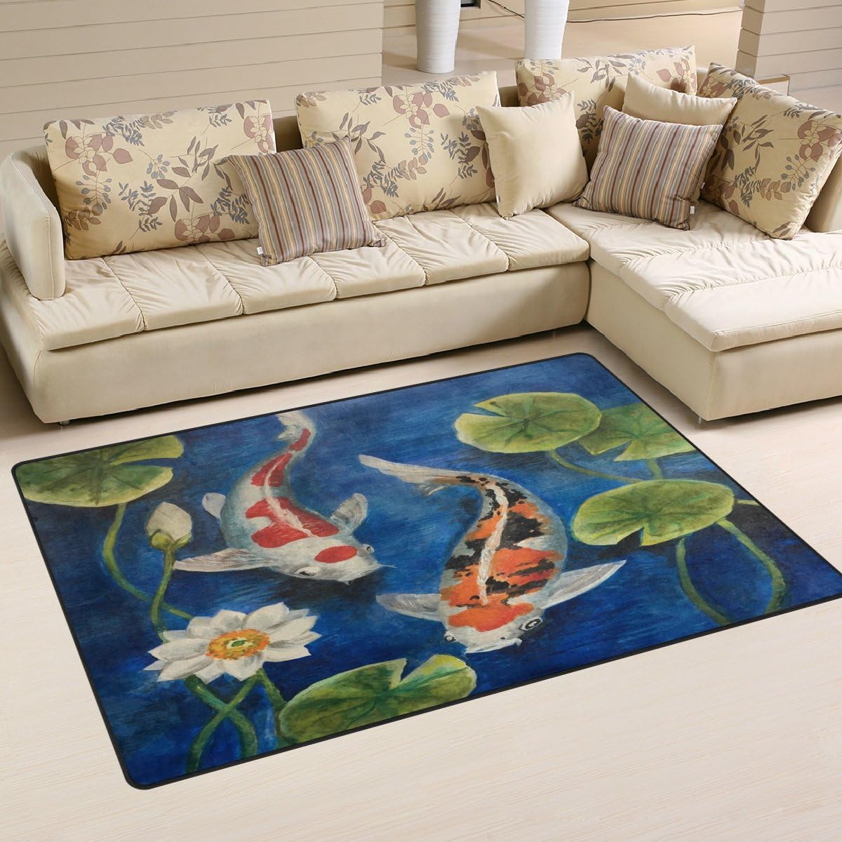 WOZO Colorful Koi Fish Pond Water Lily Area Rug Rugs Non