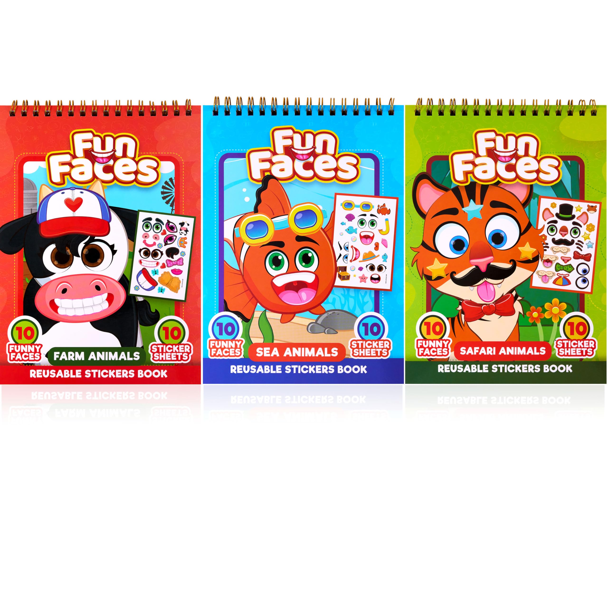 JOYIN Make-a-Face Reusable Sticker Books 3-Pack (Safari, Farm, Sea Animals) Travel Toys Activity Pad for Kids Ages 4-8(30 Scenes), Sticker Book for Children Party Bag