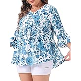 Agnes Orinda Plus Size Floral Blouses for Women V Neck Ruffle 3/4 Sleeve Babydoll Peplum Tops