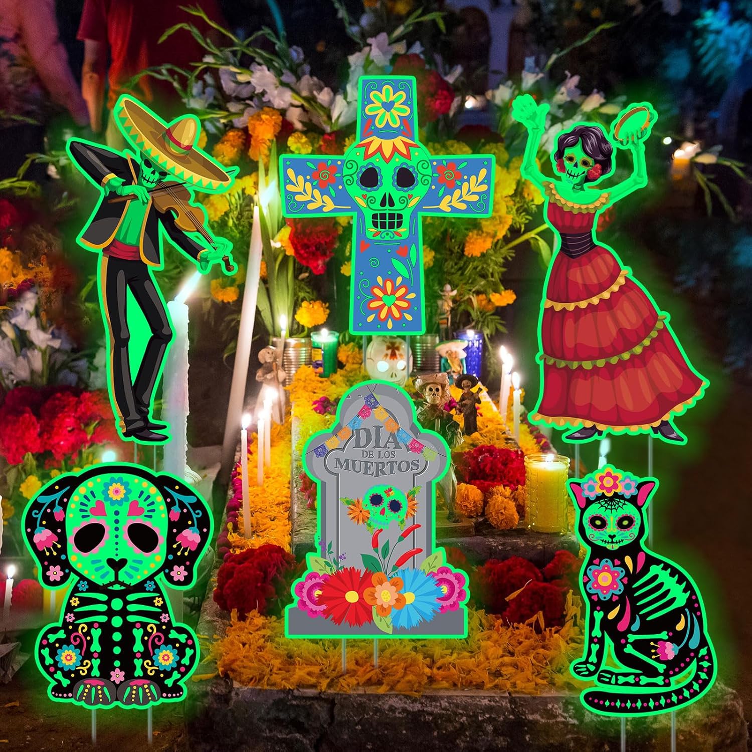 Yard Signs - 6 Pcs Glow In The Dark Day of The Dead Yard Signs Halloween Yard Signs Decorations Luminous Dia De Los Muertos Outdoor Lawn Decorations Sugar Skull Yard Signs with Stakes for Garden Lawn (Tomb)