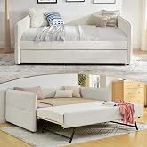 SmartEdge Full Size Daybed with Pop Up Trundle, Boucle Upholstered Daybed with Trundle, Full Size Sofa Bed with Tufted Design, No Box Spring Required for Living Room, Guest Room, Beige