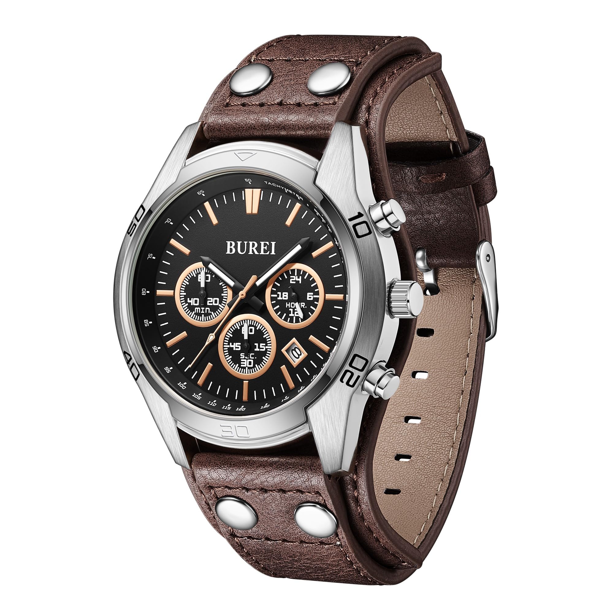 BUREI Men Watches,Waterproof Analog Dress Wrist Brown Leather Watches for Men with Black dial,Multifunction Watches for Men., BS0112-ZHZYZ