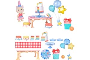 Honey Bee Acres Birthday Wishes Playset, 15 Piece Miniature Dollhouse Party Set with Cat Figure, Rainbow Cake, Balloons & Gift, Pretend Play Birthday Celebration for Kids Ages 3+