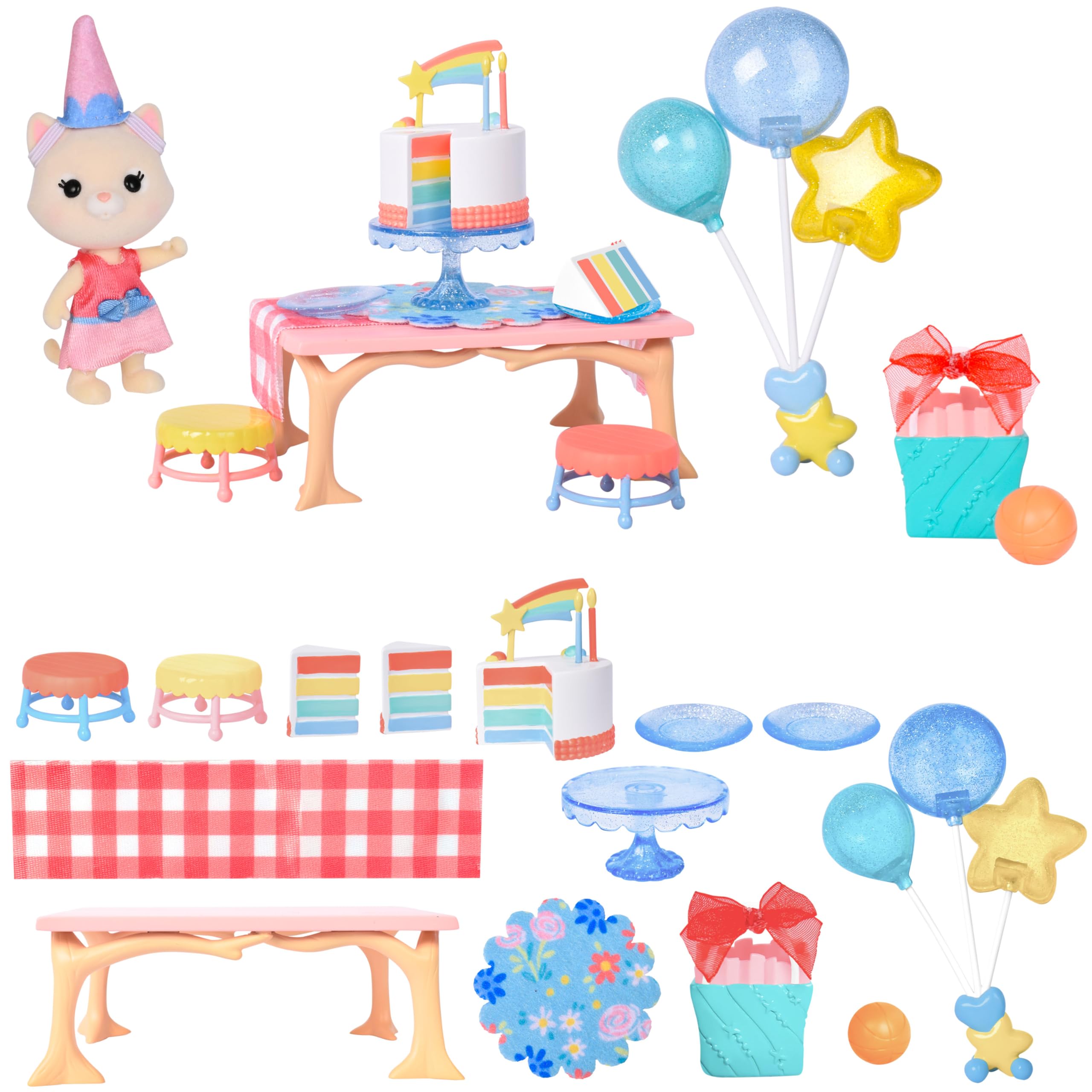 Honey Bee Acres Birthday Wishes Playset, 15 Piece Miniature Dollhouse Party Set with Cat Figure, Rainbow Cake, Balloons & Gift, Pretend Play Birthday Celebration for Kids Ages 3+