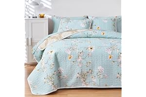 Joyreap 3 Pieces Reversible Floral Quilt Set Aqua, Microfiber Soft Smooth Quilt, Elegant Flower Design Bedspread, Lightweight Bed Cover for All Season, 1 Quilt and 2 Pillow Shams (King, 102x90 inches)