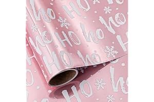 LeZakaa Christmas Wrapping Paper Roll for Girls Women, Ho Ho Ho Lettering on Pink Metallic Foil, Mini Roll 17 in x 9.8 Ft, Glossy Gift Wrap with Snowflakes & Cutting Grid