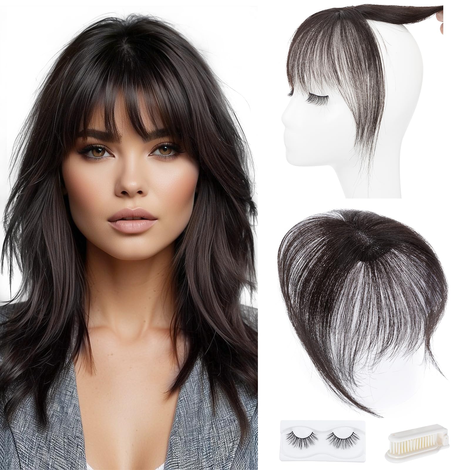 Photo 1 of Hairro Clip On Bangs Human Hair Bangs Hair Clip In Bangs 3D 360°Cover Topper With Bangs Wispy Air Bangs Hair Pieces Fake Bangs For Women 8 Inches 43g #1B Natural Black