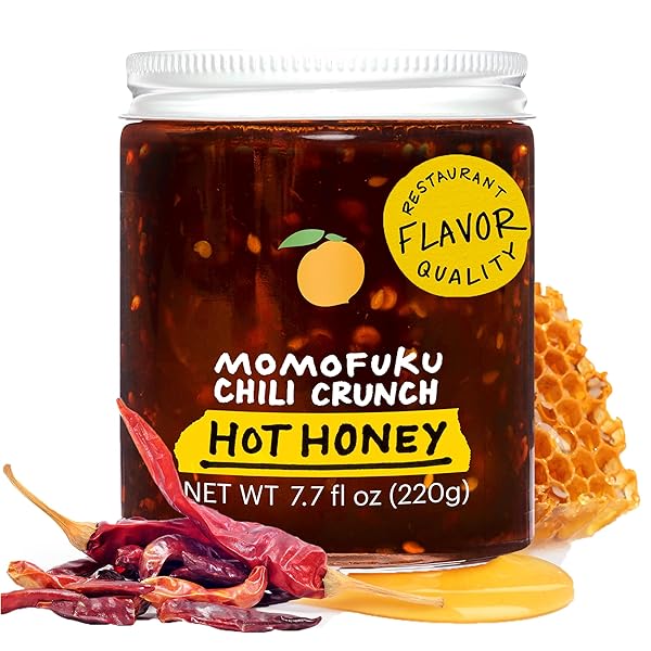 MOMOFUKU HOT HONEY CHILI CRUNCH BY DAVID CHANG 7.7 OZ, OIL WITH PREMIUM WILDFLOWER HONEY, GARLIC AND SHALLOTS, CHILI CRISP FOR COOKING, AS SAUCE OR TOPPING