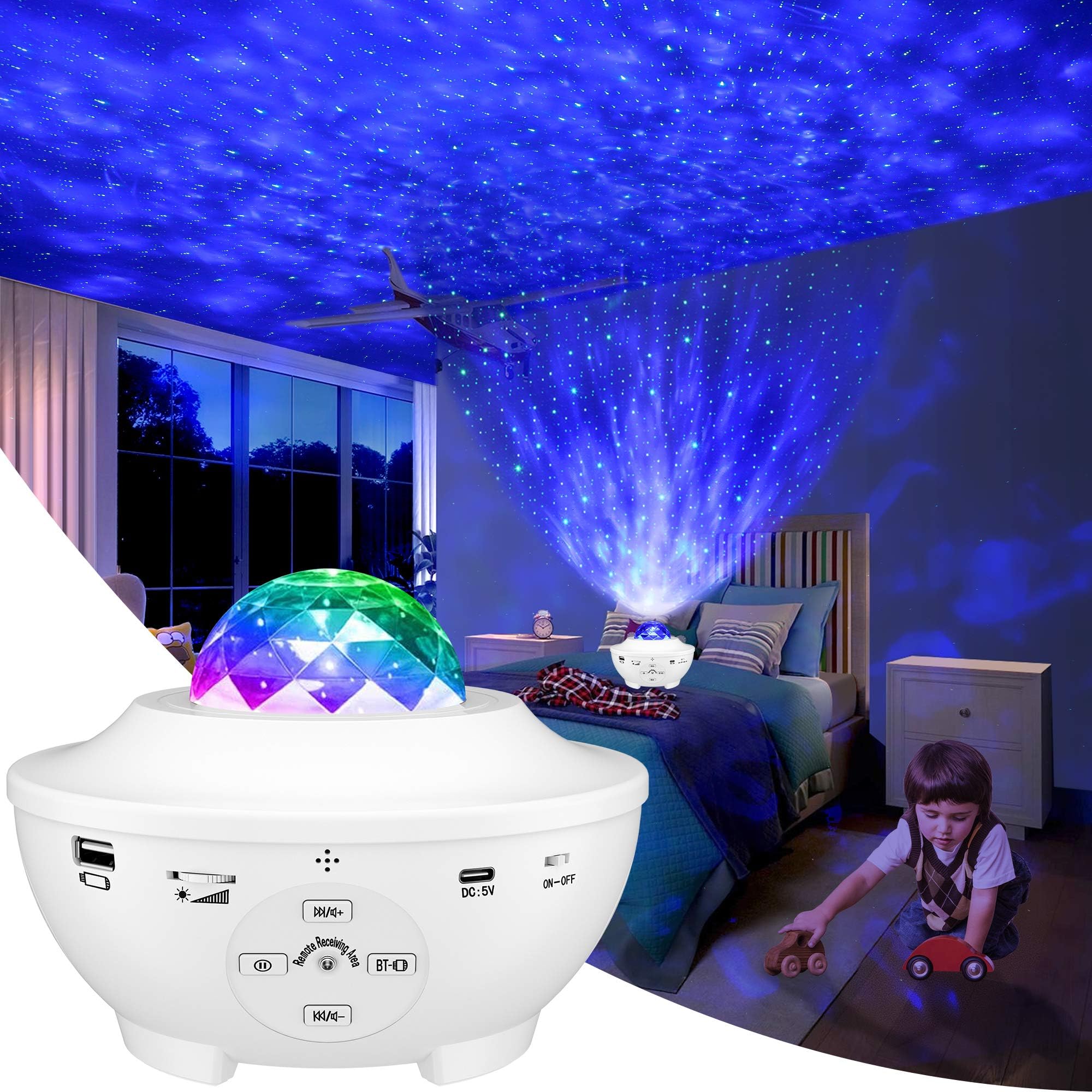 Galaxy Light Projector, LED Star Projector Night Light Projector Color Changing Lamp Rotating Romantic Star Wave Projector Remote Control Bluetooth USB Music Speaker 10 Color Mode Timer Home Stage