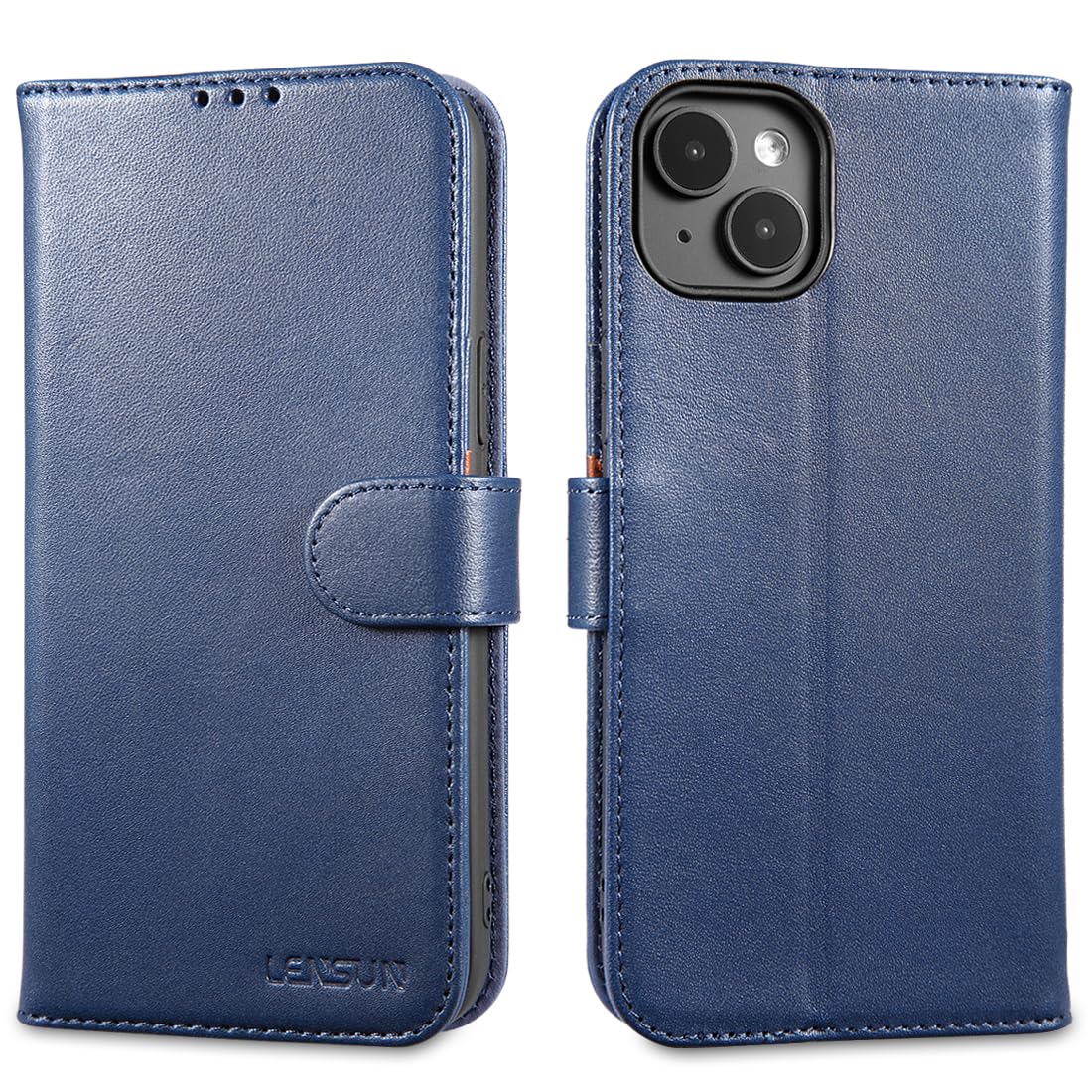 LENSUN Flip Case for iPhone 15 Plus, Genuine Leather Wallet Phone Cover [RFID Blocking] [Card Holder] [Magnetic Closure] Folio Compatible with Apple iPhone 15 Plus - Blue