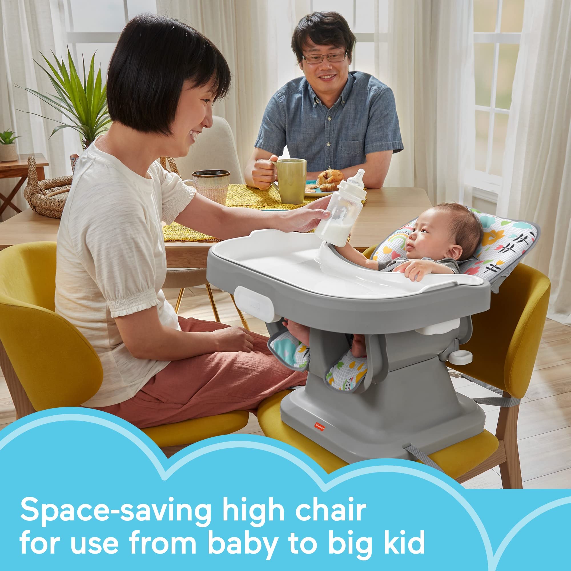 Fisher-Price Baby to Toddler High Chair SpaceSaver Simple Clean Portable Dining Seat & Booster with Washable Deep Tray & Liner, Sun Showers
