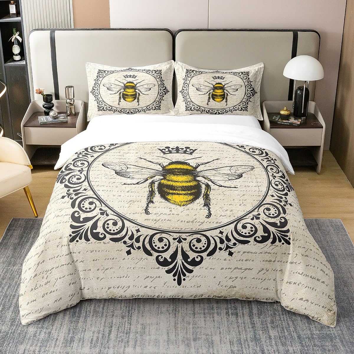 100% Cotton Sweet Honey Bee Bed Sets Cute Kawaii Animal Duvet Cover Retro Vintage Style Bedding Set Double 70S 80S Grunge Comforter Cover Old Newspaper Print Quilt Cover Breathable (No Comforter)