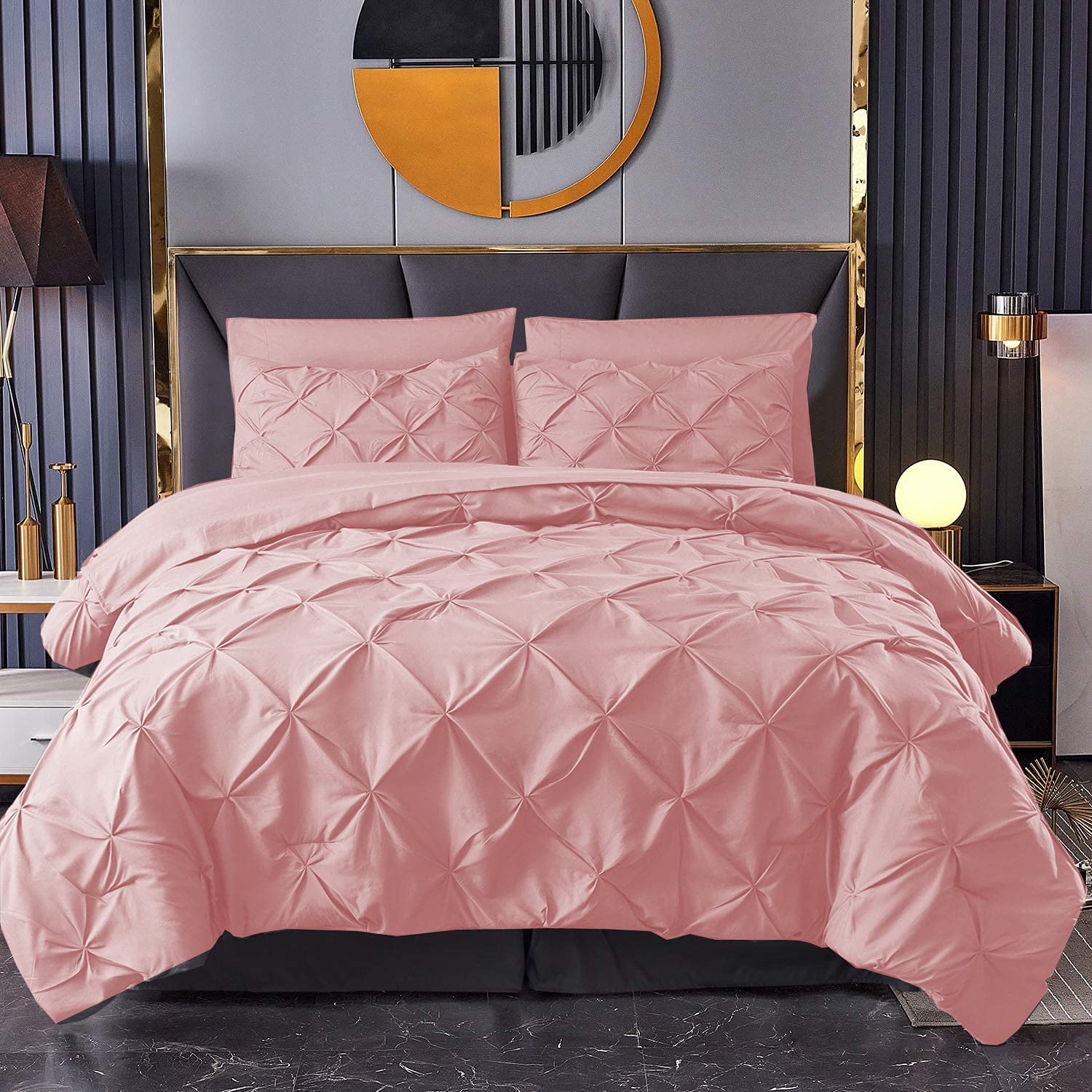 MK Home Textile Pintuck Duvet Cover 3 Piece Pinch Pleat Bedding Sets – 100% Cotton Percale 200 Thread Count Quilt Covers – White/Silver Grey/Charcoal/Pink/Navy Bed Set (Pink, King)