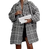 Sexyshine Women's Winter Double Breasted Houndstooth Coat Notch Lapel Plaid Wool Blend Pea Coat Mid Long Outwear Jacket