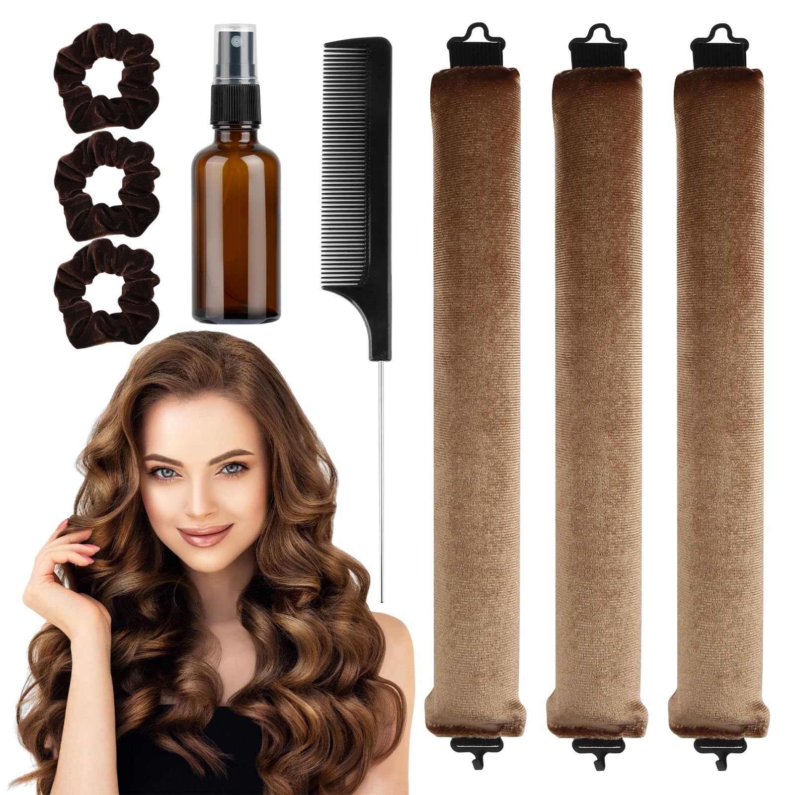 Lahnao Pack of 3 Heatless Curls With Hooks - Soft Flannel Curlers Overnight for Short, Medium and Long Hair - Brown Curls Band for Large Waves