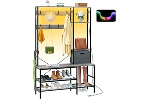 Meilocar Hall Tree with LED Lights, Coat Rack Free Standing, 5-in-1 Hall Tree with Bench and Shoe Storage, Fabric Storage Basket, Side Hooks for Entrance, Foyer, Mudroom(Gray)
