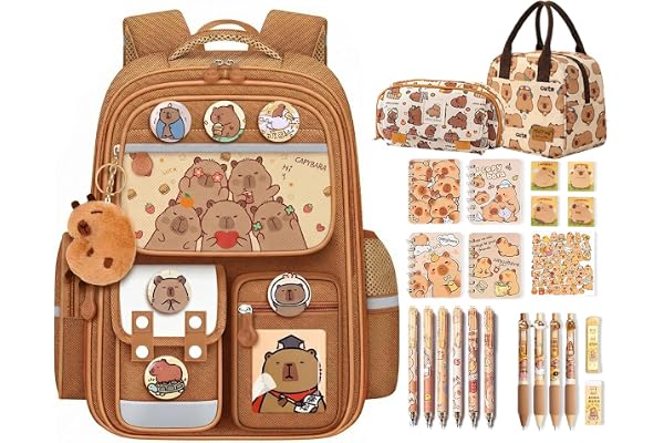 EGOUE Waterproof Capybara Backpack，Large-capacity Kawaii capybara bag with 31-Piece Accessories (Pencil case, notebook, sticky notes, lunch bag, gel pen and others)