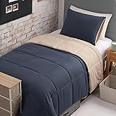 The Sheet Lab Reversible Box Stitch Comforter Set, 3-Piece Full/Queen – Navy Blue/Tan – Stylish Bedding Set