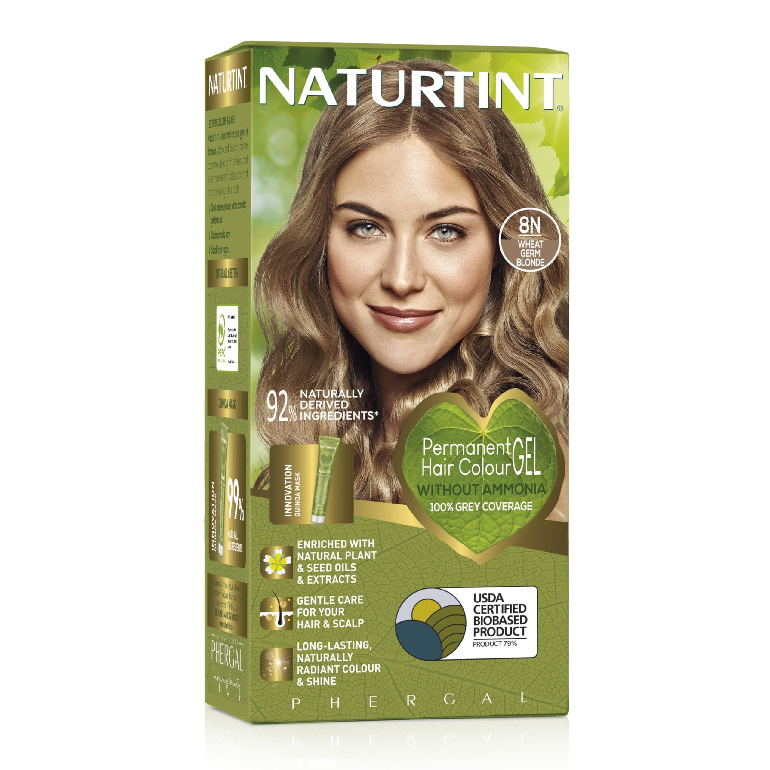 Naturtint Permanent Hair Colour Gel 8N Wheatgerm Blonde, Plant Enriched, Biobased, Ammonia Free, Long Lasting Grey Coverage and Radiant Colour, Nourishment and Protection