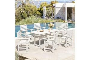 Homenjoy Patio Table and Chairs Set 7 Pieces, HDPE Weather Resistant Outdoor Dining Set with 1.95" Umbrell Hole, Rectangle Outdoor Dining Table with 6 Patio Chairs, Patio Dining Set for Balcony,White