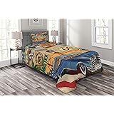 LunarableLunarable Route 66 Bedspread, Old Fashioned Cars Motorcycle on a Map Road Trip Journey American USA Concept, Decorative Quilted 2 Piece Coverlet Set with Pillow Sham, Twin Size, Red Beige