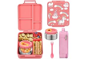 MAISON HUIS Bento Lunch Box for Kids With 8oz Soup Thermo, Leakproof Lunch Compartment Containers with 4 Compartment Bento Box, Thermo Food Jar and Lunch Bag, BPA Free,Travel, School