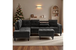 Topcomfy 97.5" L Shaped Couch Set, Modular Sectional Couches for Living Room with Storage Ottoman, 4 Seat Home Sofa Living Room Furniture Sets with Chaise for Apartment Office (Linen, Dark Grey)